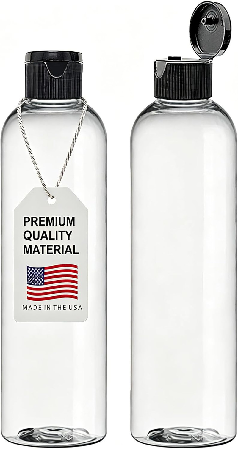 8 oz Clear Plastic Empty Bottles with Black Flip Top Caps, Refillable Containers