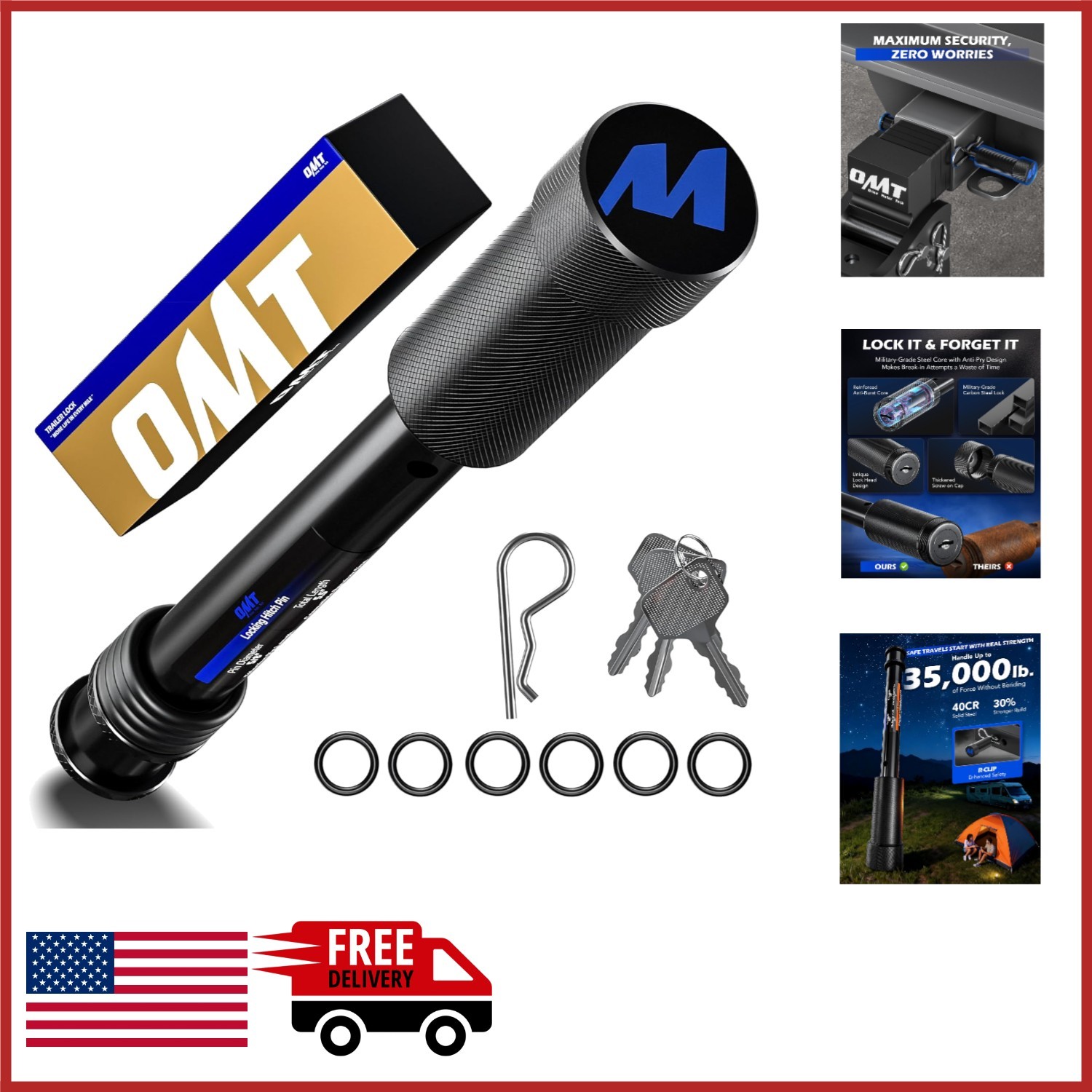 Secure 2" Receiver Hitch Lock with Key and Anti-Rattle O-Rings for Trailers