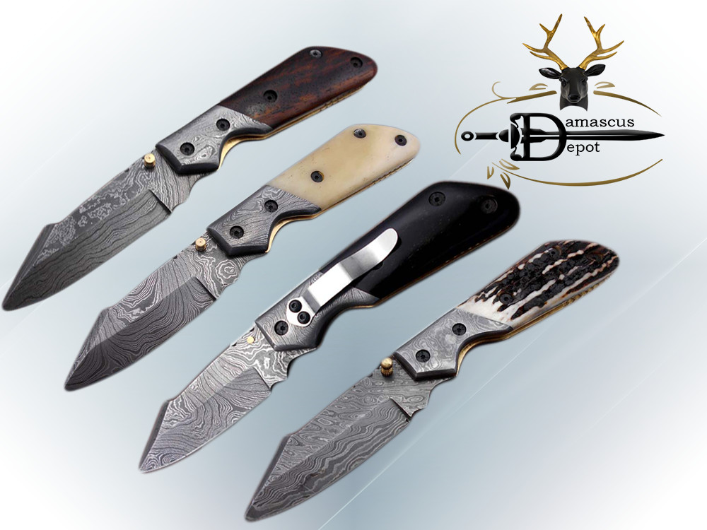 8" Hand forged Damascus folding knife with pocket clip, liner lock, thumb knob