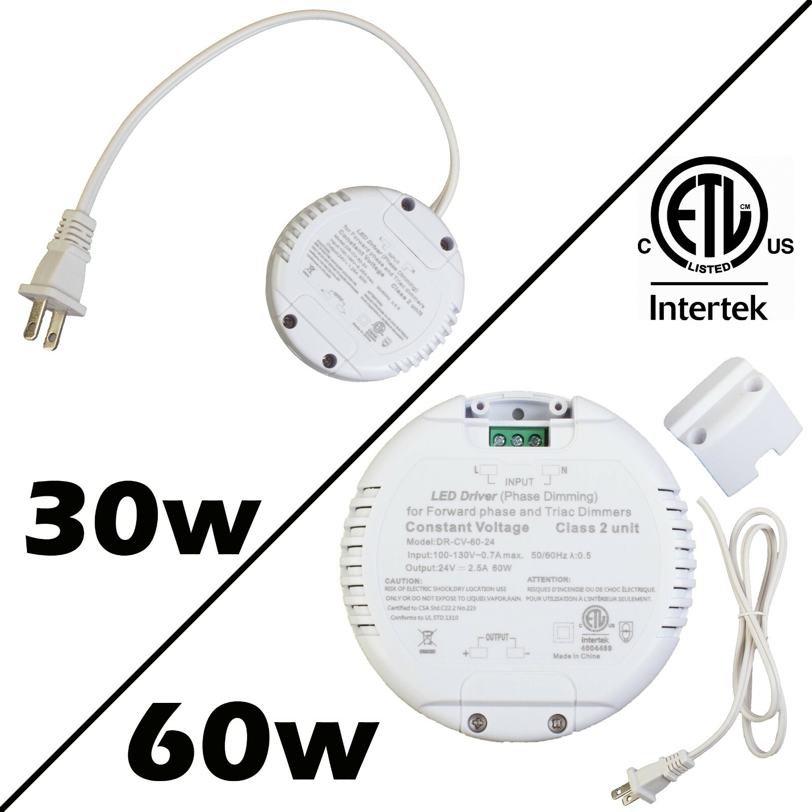 24v 30W 60W Triac Dimmable LED Driver Round Power Supply Class 2 ETL for strip
