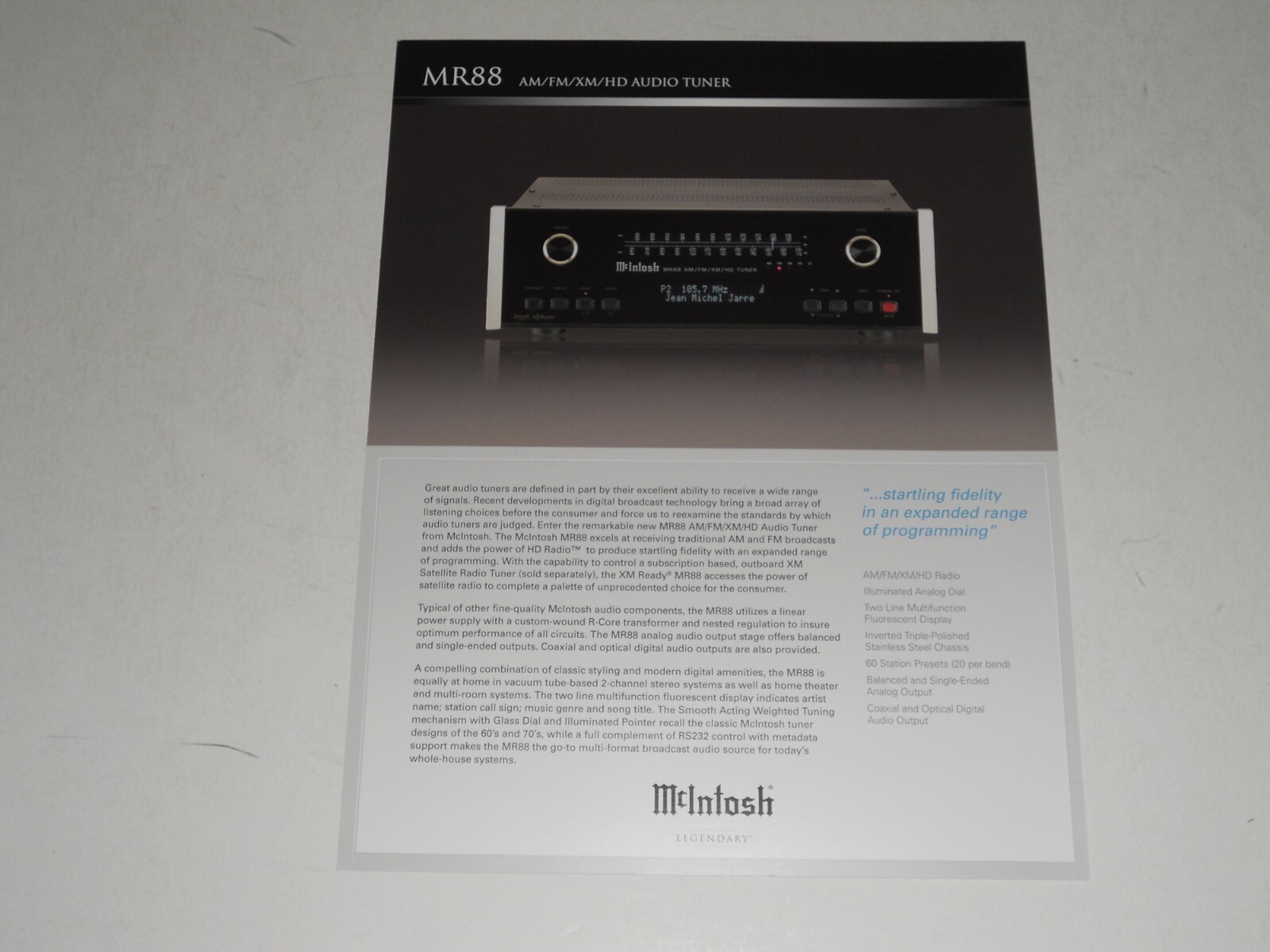 McIntosh MR 88 Tuner Am/FM/XM Brochure, Specs, Info, 2 pgs