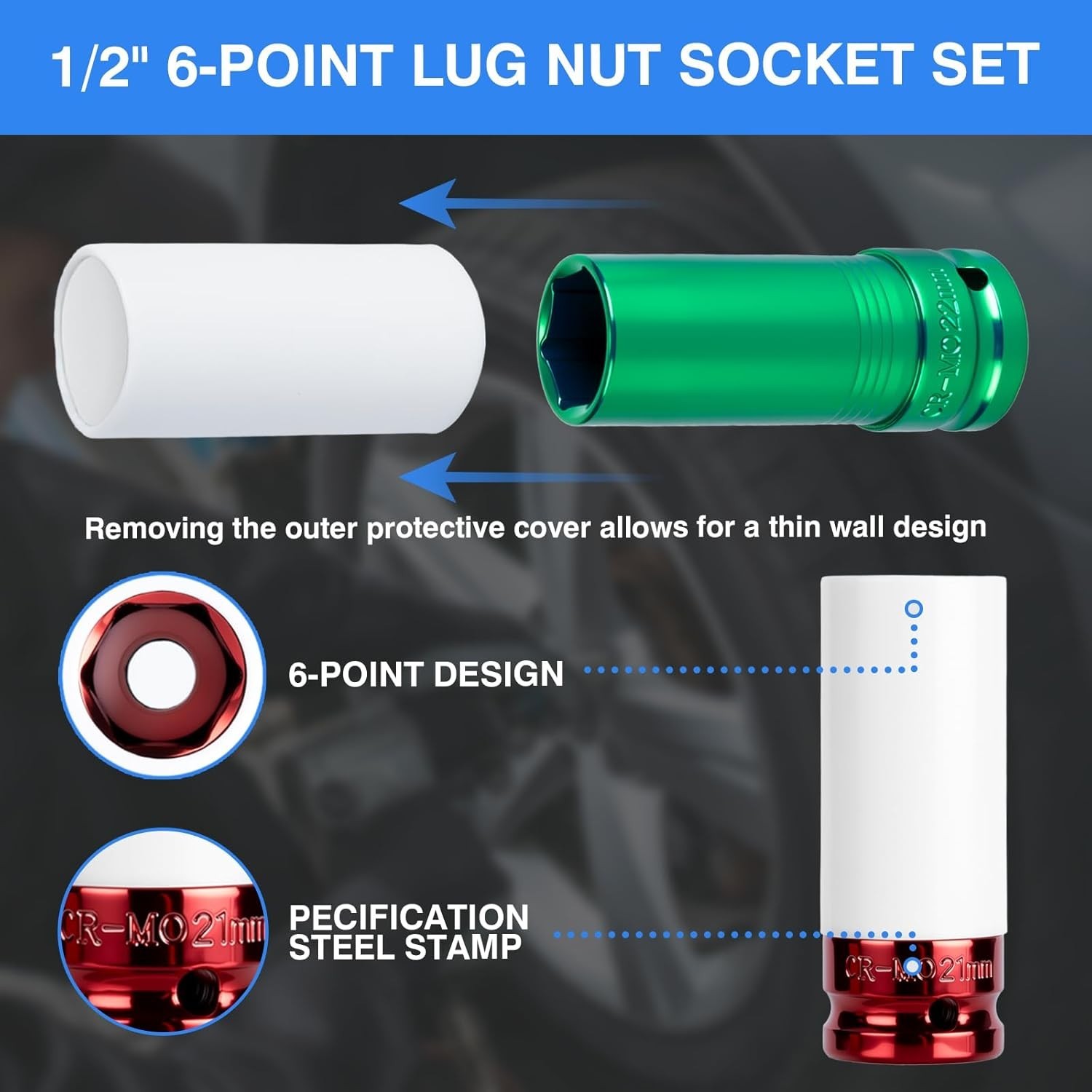 1/2" Drive Wheel Protector Impact Socket, Non-Marring Lug Nut Thin Wall Deep ...