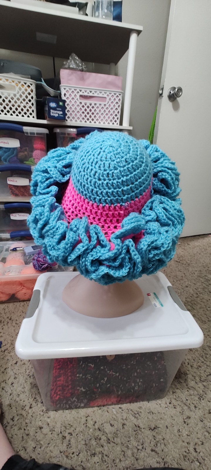 Handmade Crocheted Blue and Pink Ruffled Hat Handcrafted Soft Yarn Unique Design