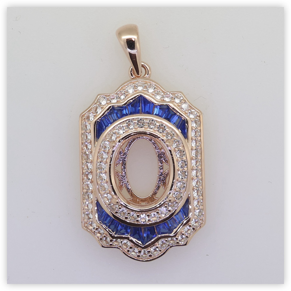 Sterling Silver Semi Mount Pendant Setting Oval OV 11x9mm Blue Spinel Rose Plate