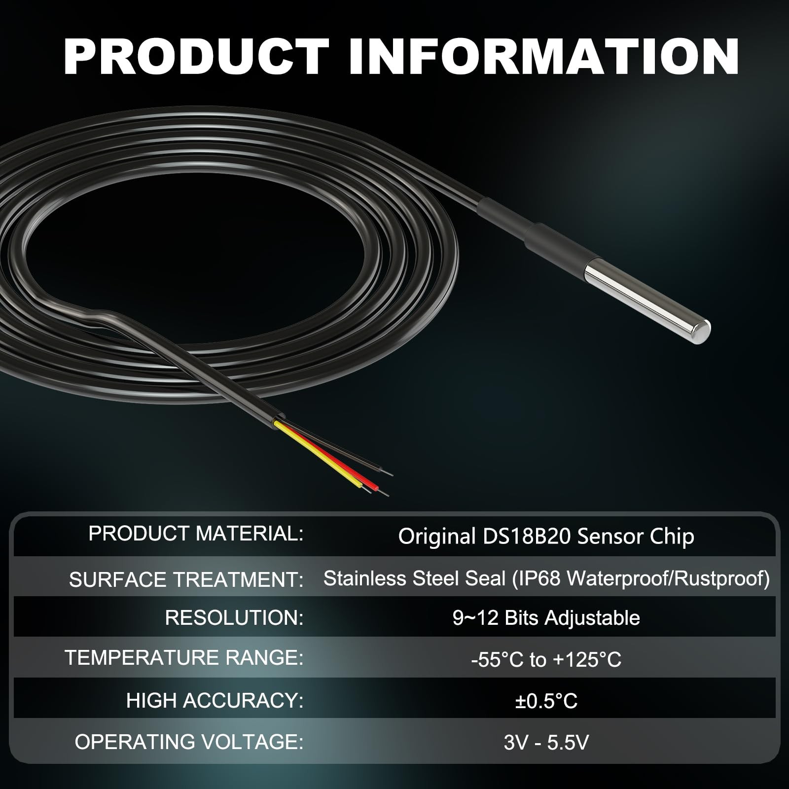 DROK 5 Pack Waterproof DS18B20 Temperature Sensor Probes with a Probe Adapter...