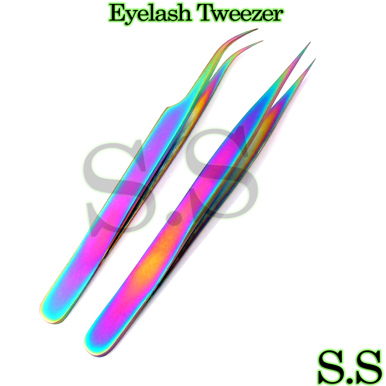 2 Pcs Eyelash Extension Tweezers Straight & Curved Stainless Steel Set Rainbow