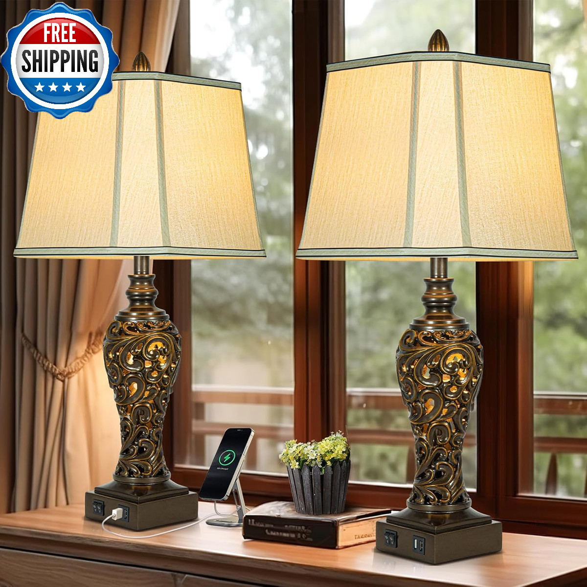 Vintage Table Lamps Set of 2 - Bedside Lamp with Faux Silk Shades, high 28.5"