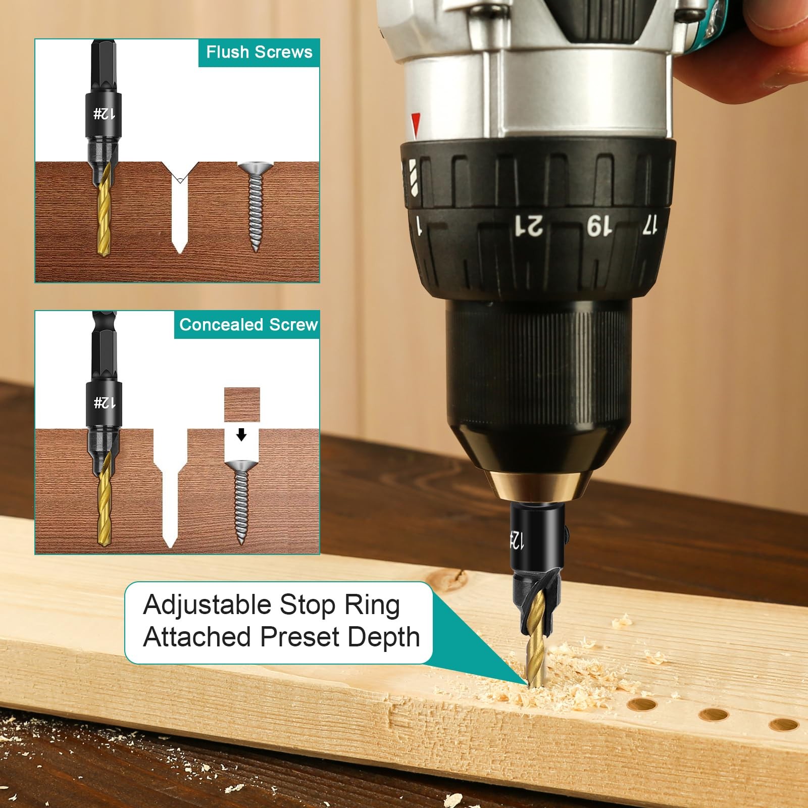 5PCS Countersink Drill Bit Set, Professional Brocas para Madera - Adjustable