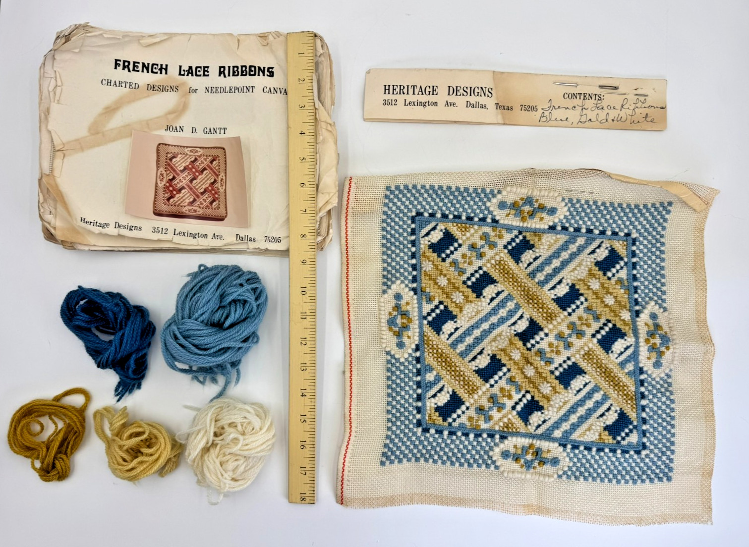 Complete JOAN D. GANTT FRENCH LACE RIBBONS CANVAS WITH INSTRUCTIONS Pillow
