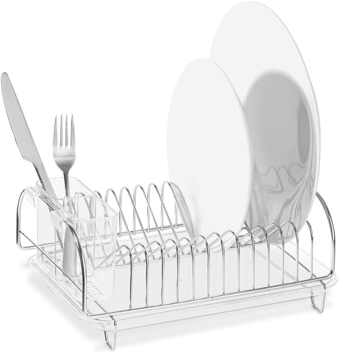 Stainless Steel Dish Drainer with Clear Plastic Tray and Cutlery Holder, Compact