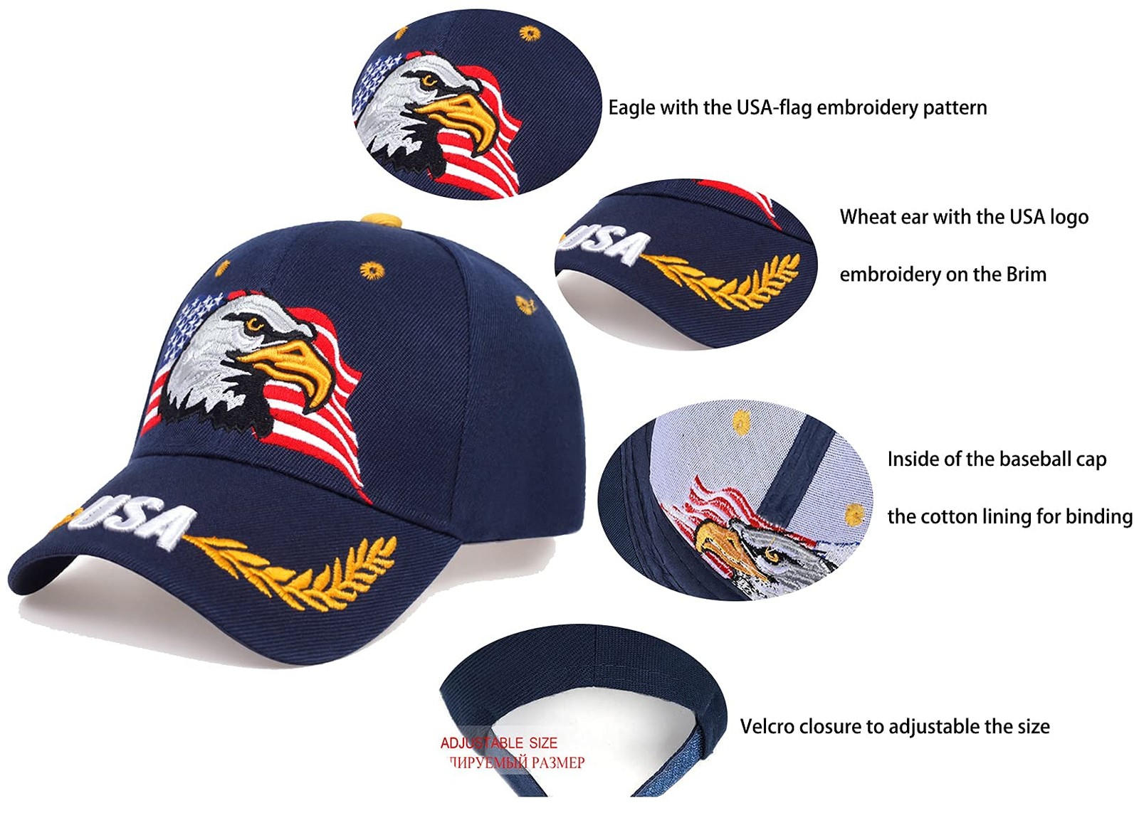IZUS USA-Flag Eagles-Hat American Baseball-Cap Embroidered One Size, Navy