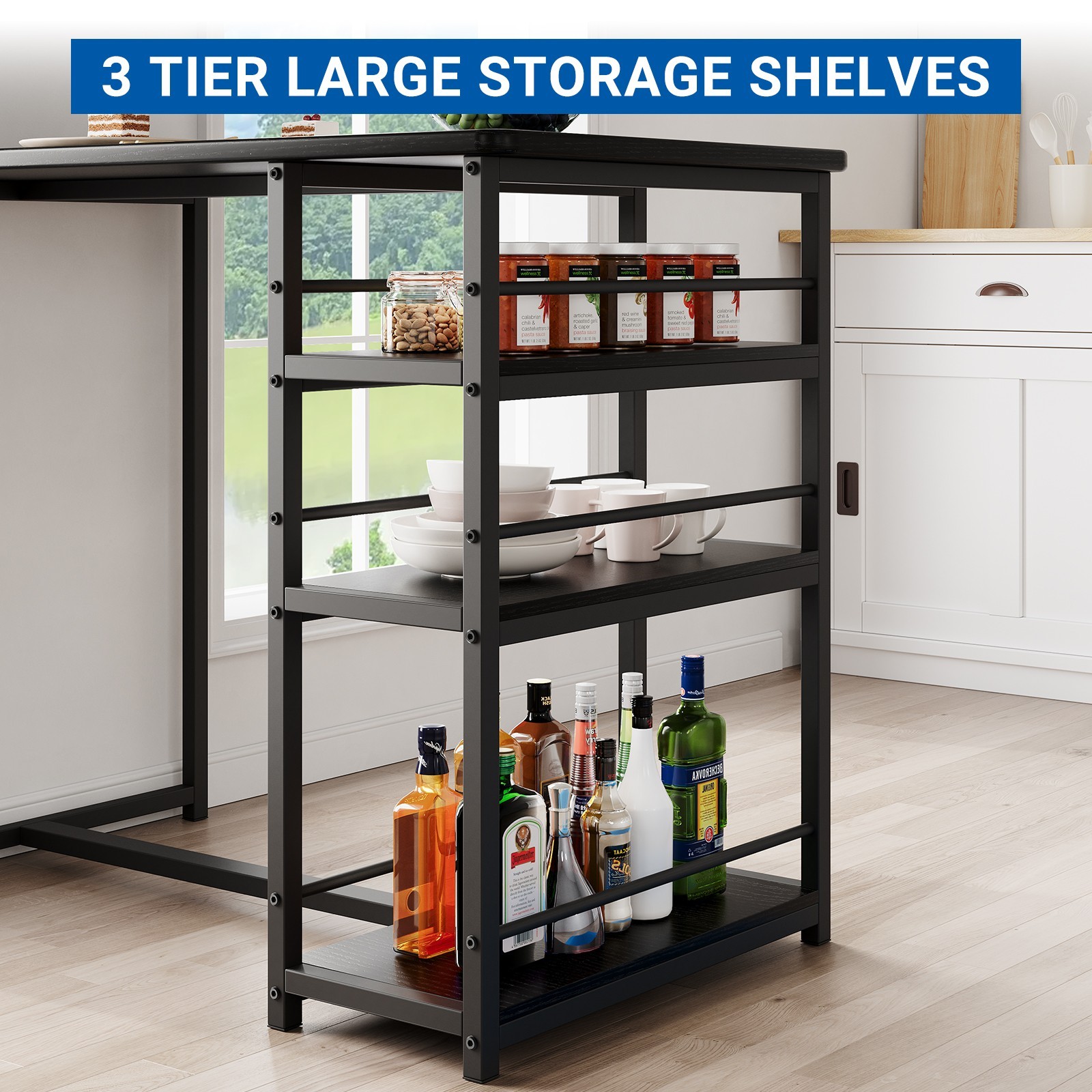 Bar Table Set with Storage Shelves,Dining Table Set ,Tall Nook,Cushion Stools