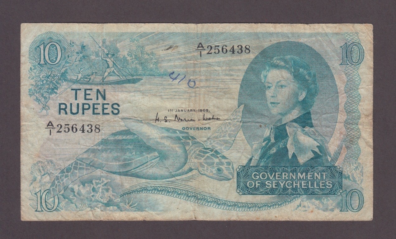 SEYCHELLES P.15a-6438  10 RUPEES 1.1.1968 QE II F-VF GRAFFITI WE COMBINE  2511