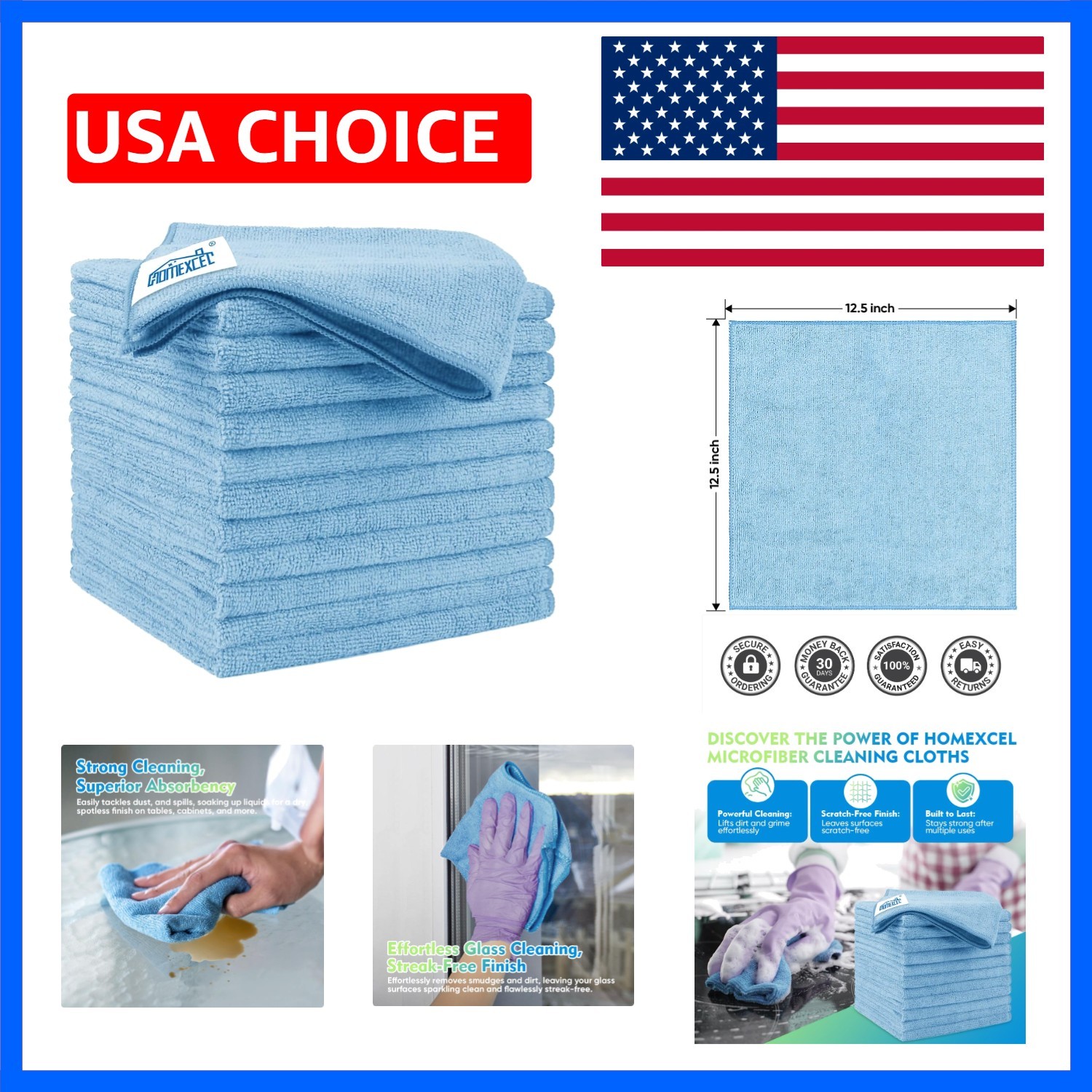 Blue Microfiber Cleaning Cloth 12 Pack, 12.5 x 12.5 inch Microfiber Towels fo...