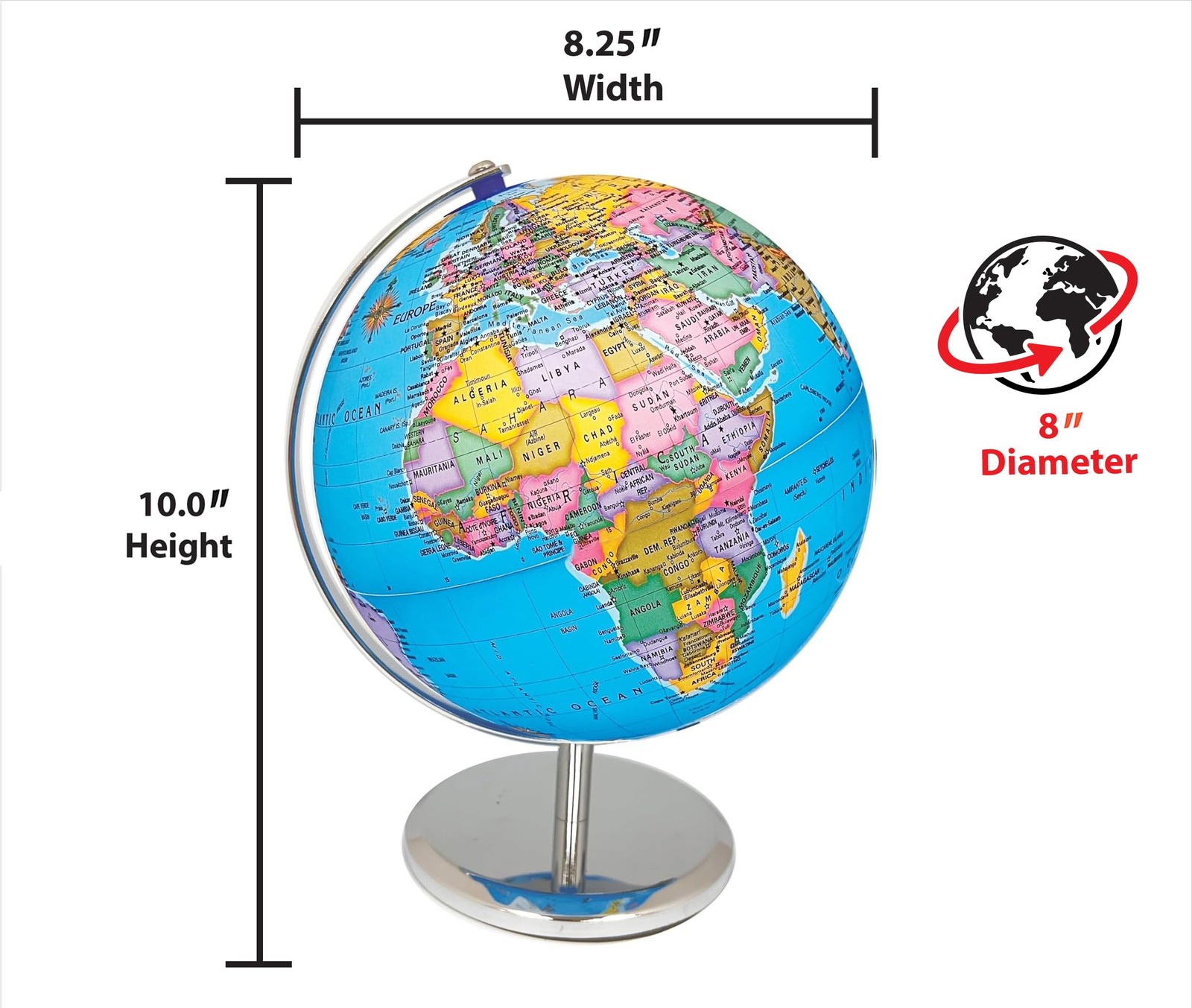 8"/20cm Interactive Illuminated Political Globe with Chrome Base, Riser and S...