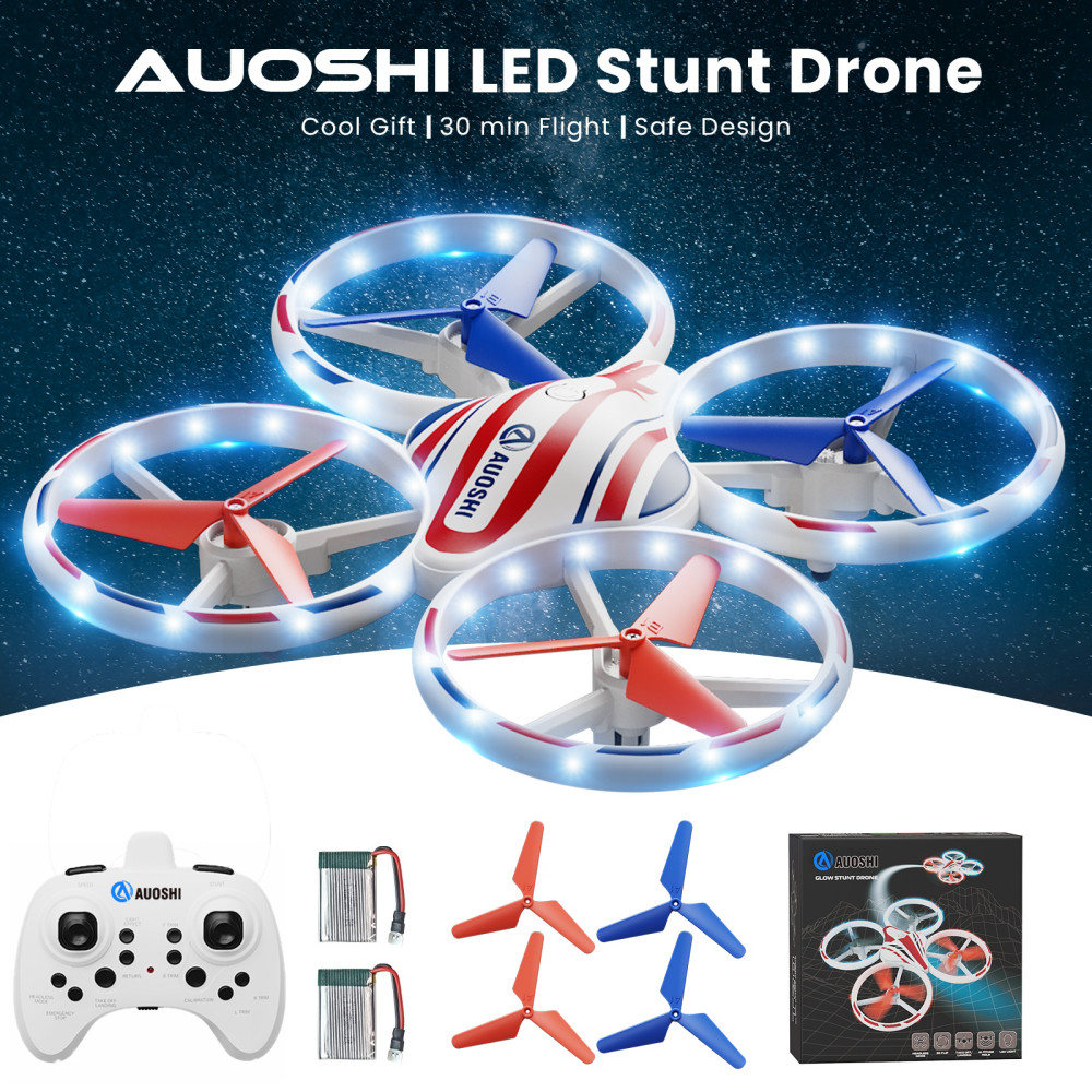 AUOSHI LED Drone 360° Flips 3 Speed Optical Flow Hover One-Key 2 Batteries