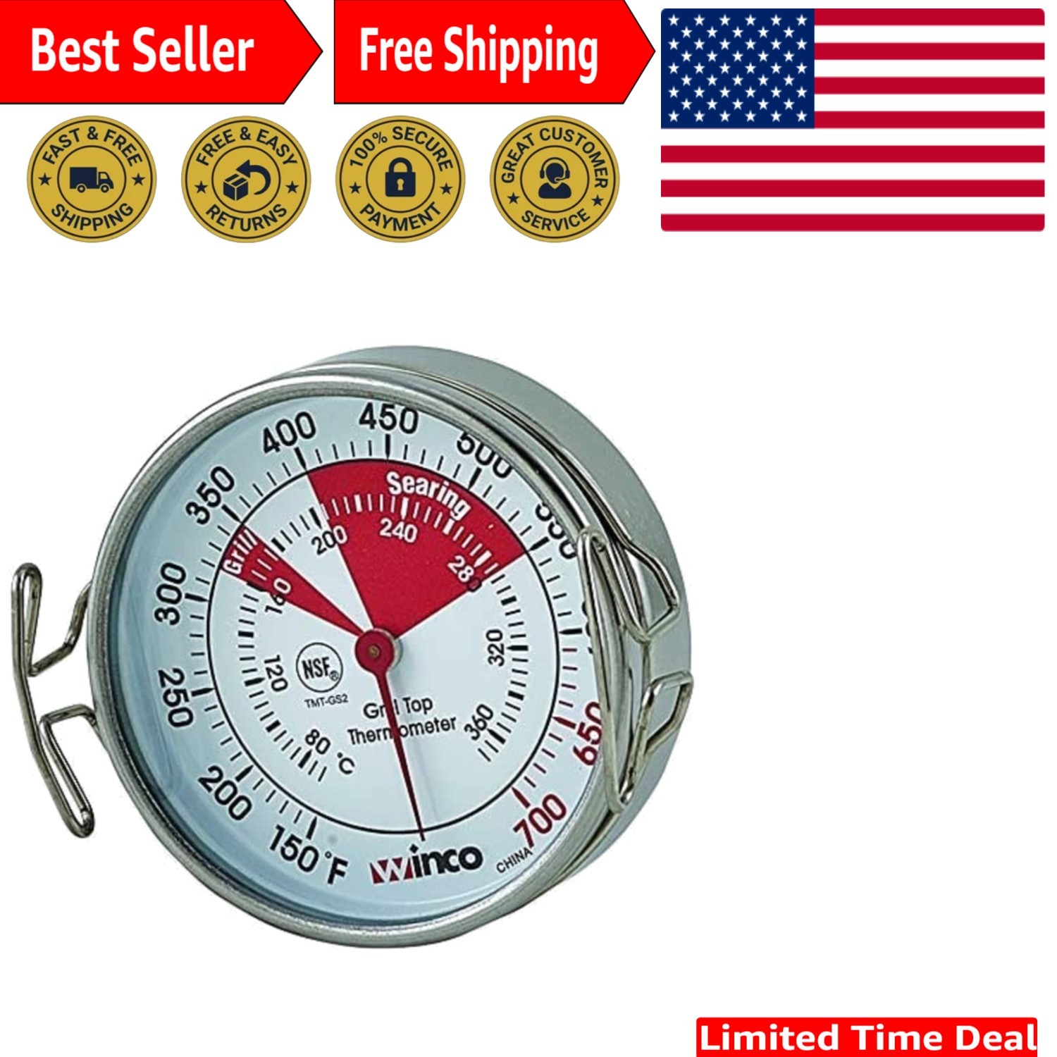 Professional Winco Grill Surface Thermometer with Clip - 2-Inch Stainless Steel