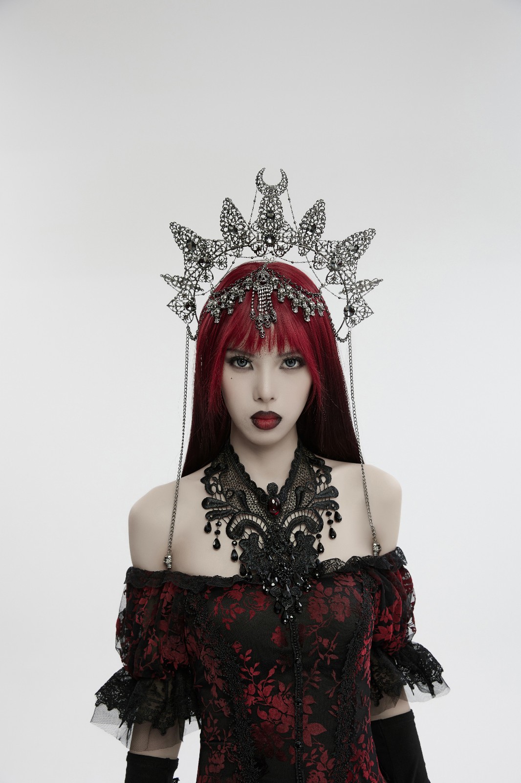 Gothic Moon Crescent Spiked Crown Headpiece with Beaded Fringe