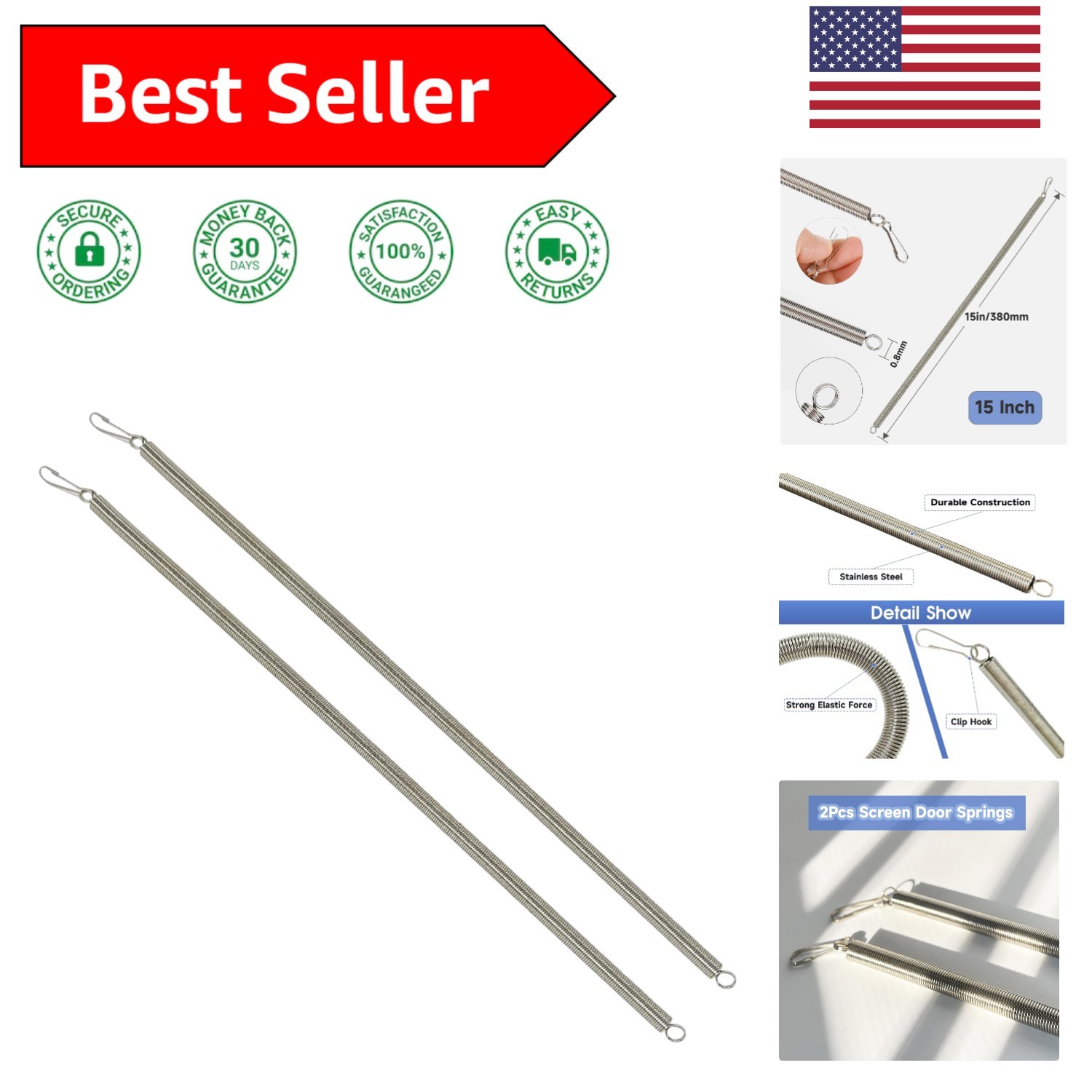 Set of 2 Durable Zinc Plated Steel Screen Door Springs, 15-Inch for Easy Install