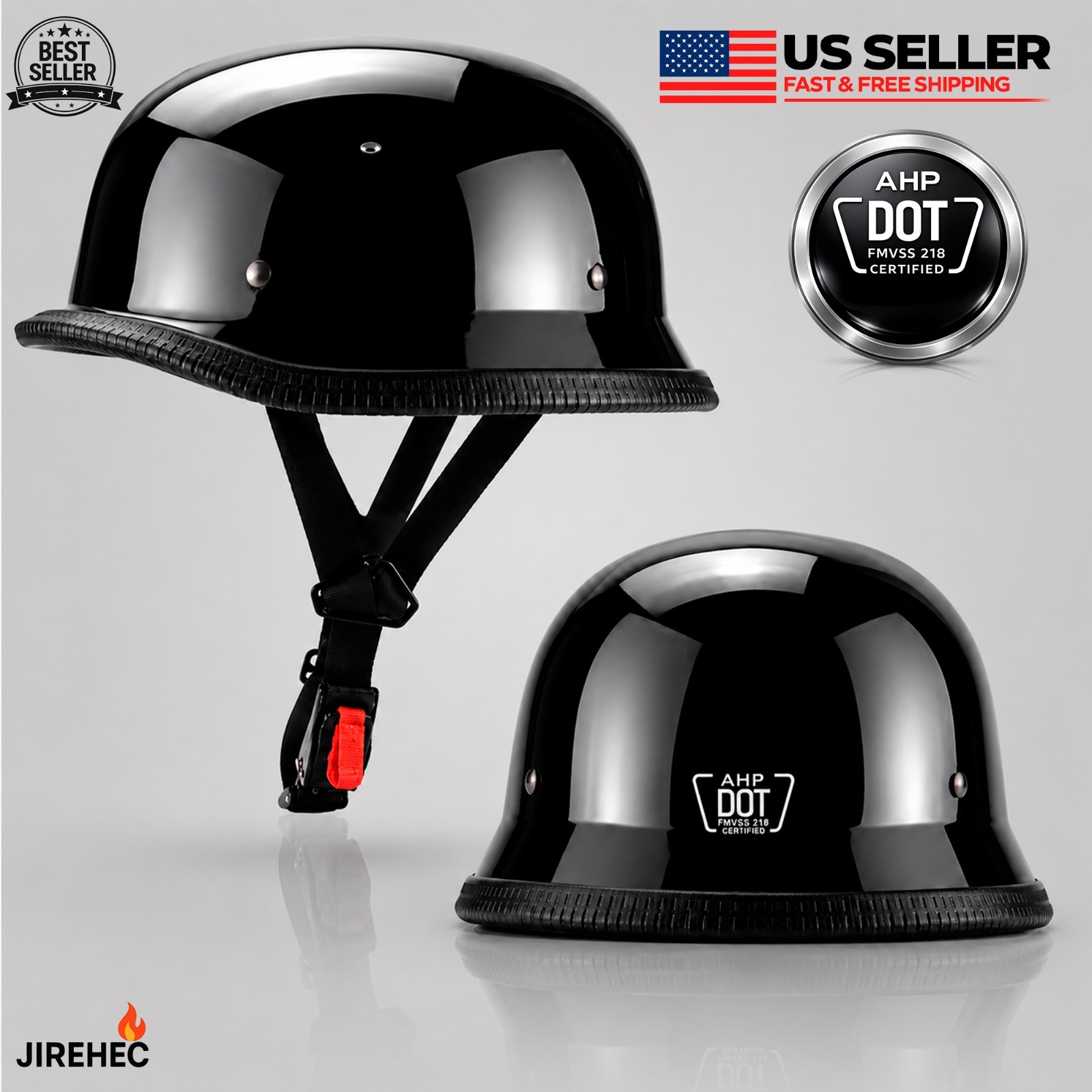 DOT German Motorcycle Half Helmet Scooter Chopper Helmet Casco Glossy Black, M
