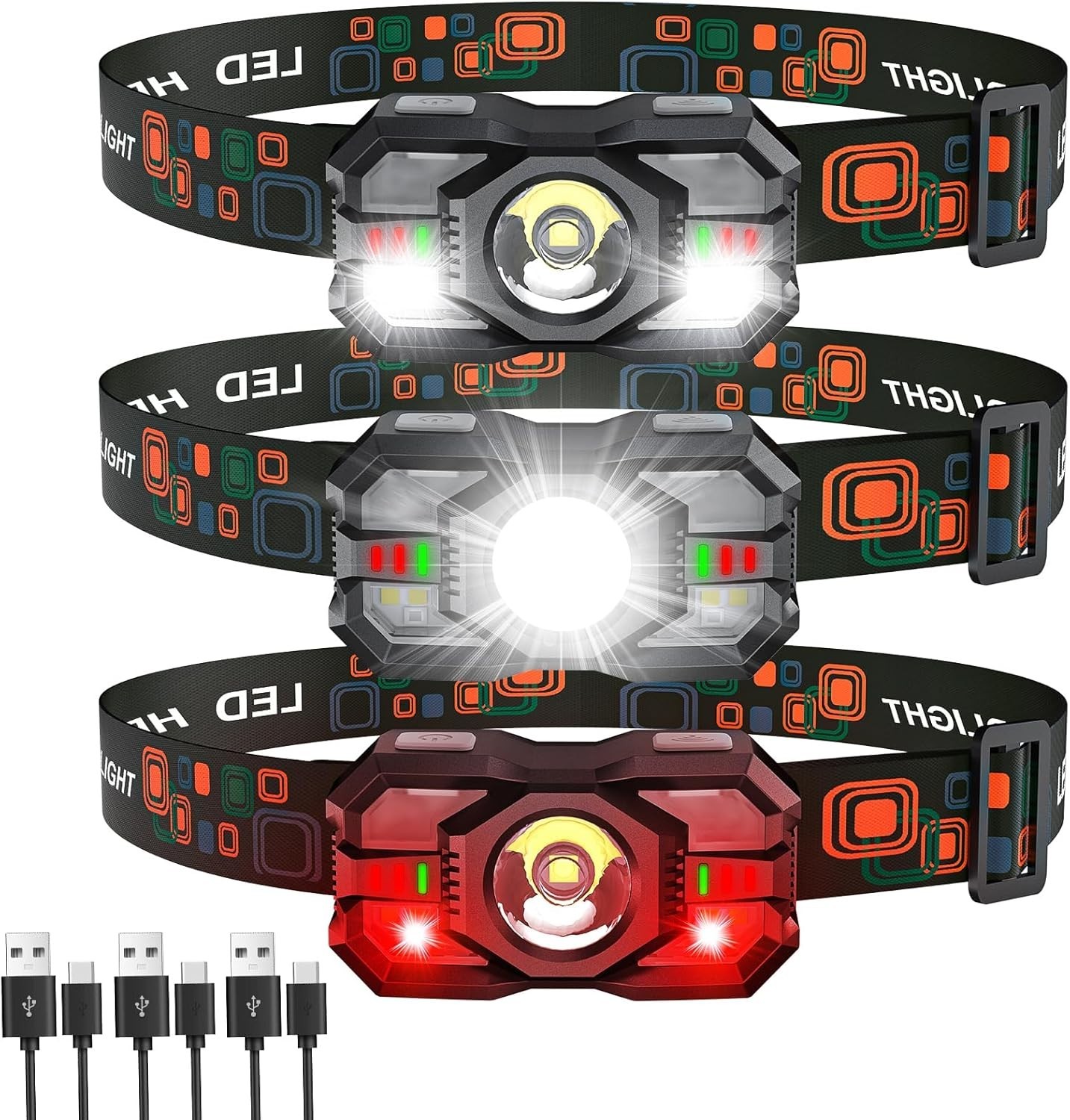 Rechargeable Headlamp Flashlight 3-Pack, 2000 Lumen Super Bright LED Headligh...