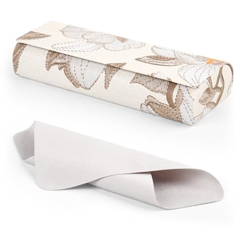 PU Leather Hard Shell Glasses Case, Floral Design Metal Frame, Portable Cream