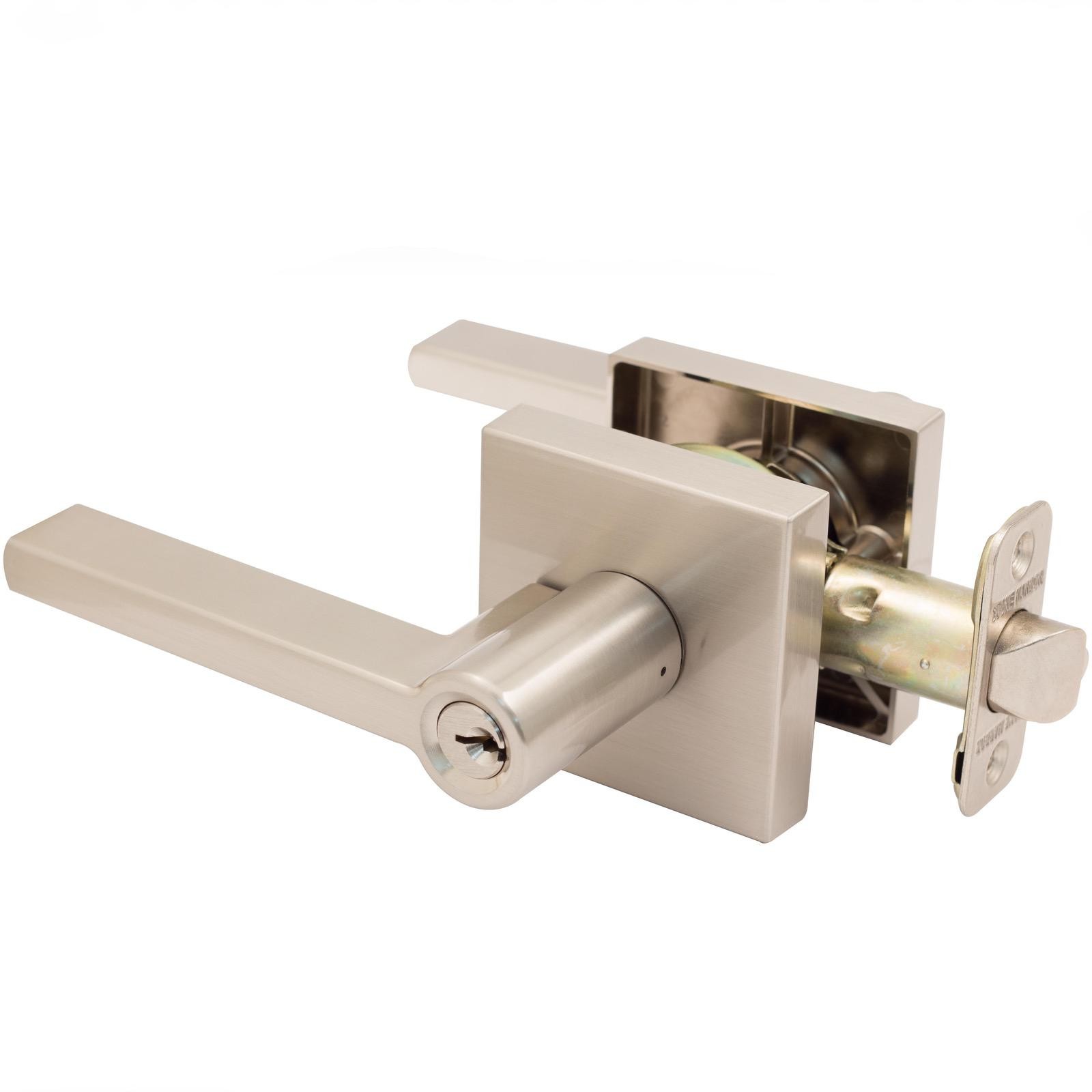 Vienna Door Lever with Square Rosette, Entry Latch, KW Keyway, Satin Nickel by S