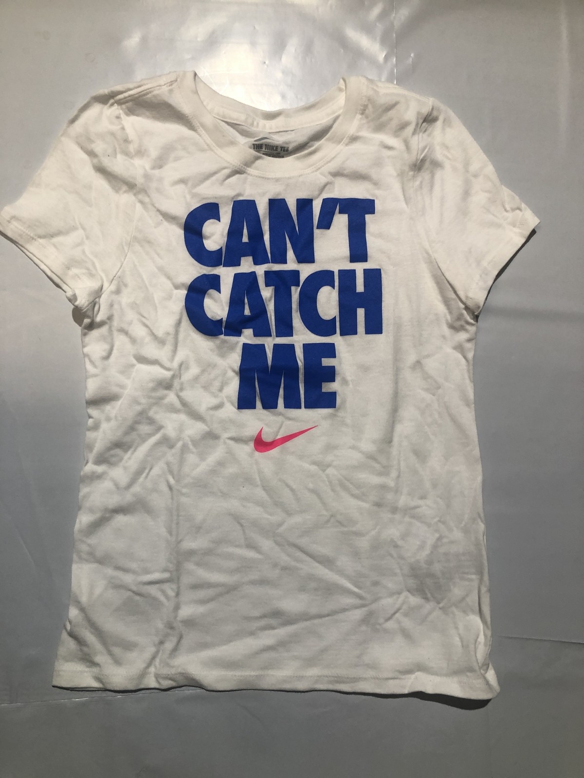 Nike Girl's Can't Catch Me Graphic Tee White Blue Pink AQ2507-100