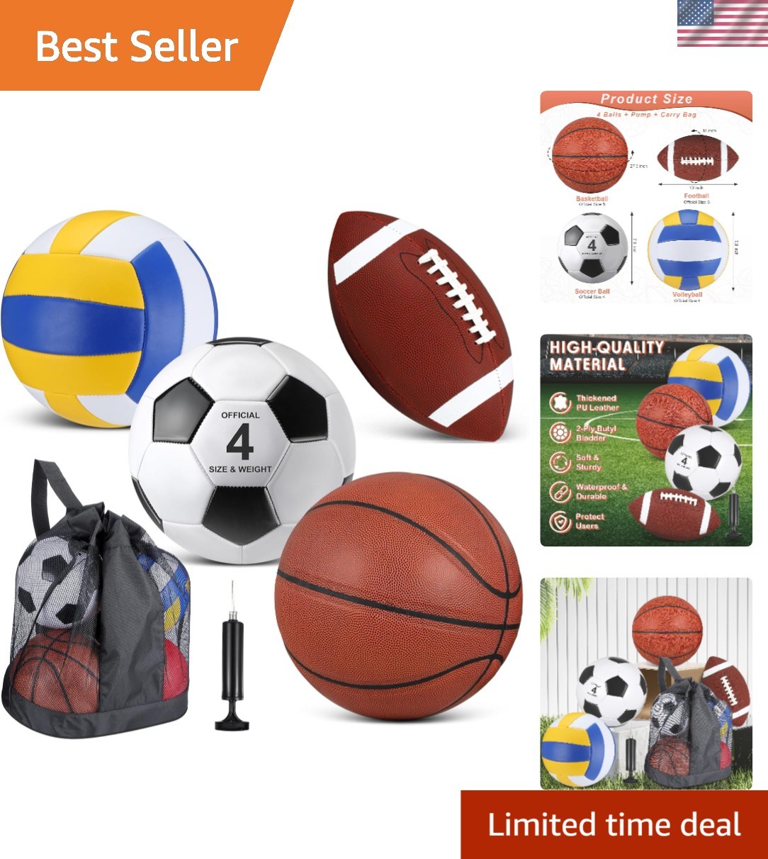 4-Piece Sports Balls Set for Kids: Basketball, Soccer, Football & Volleyball