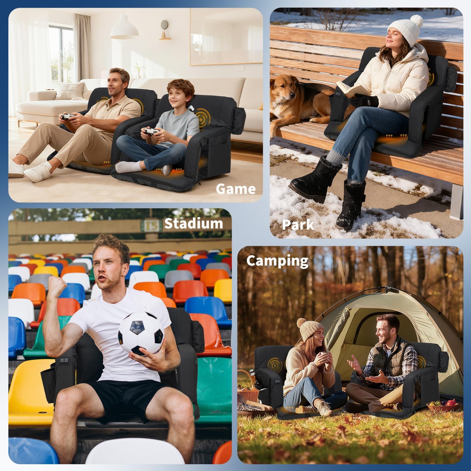 2pcs Heated Stadium Seats for Bleachers w/ Back Support 3 Level Heating 6 Angle