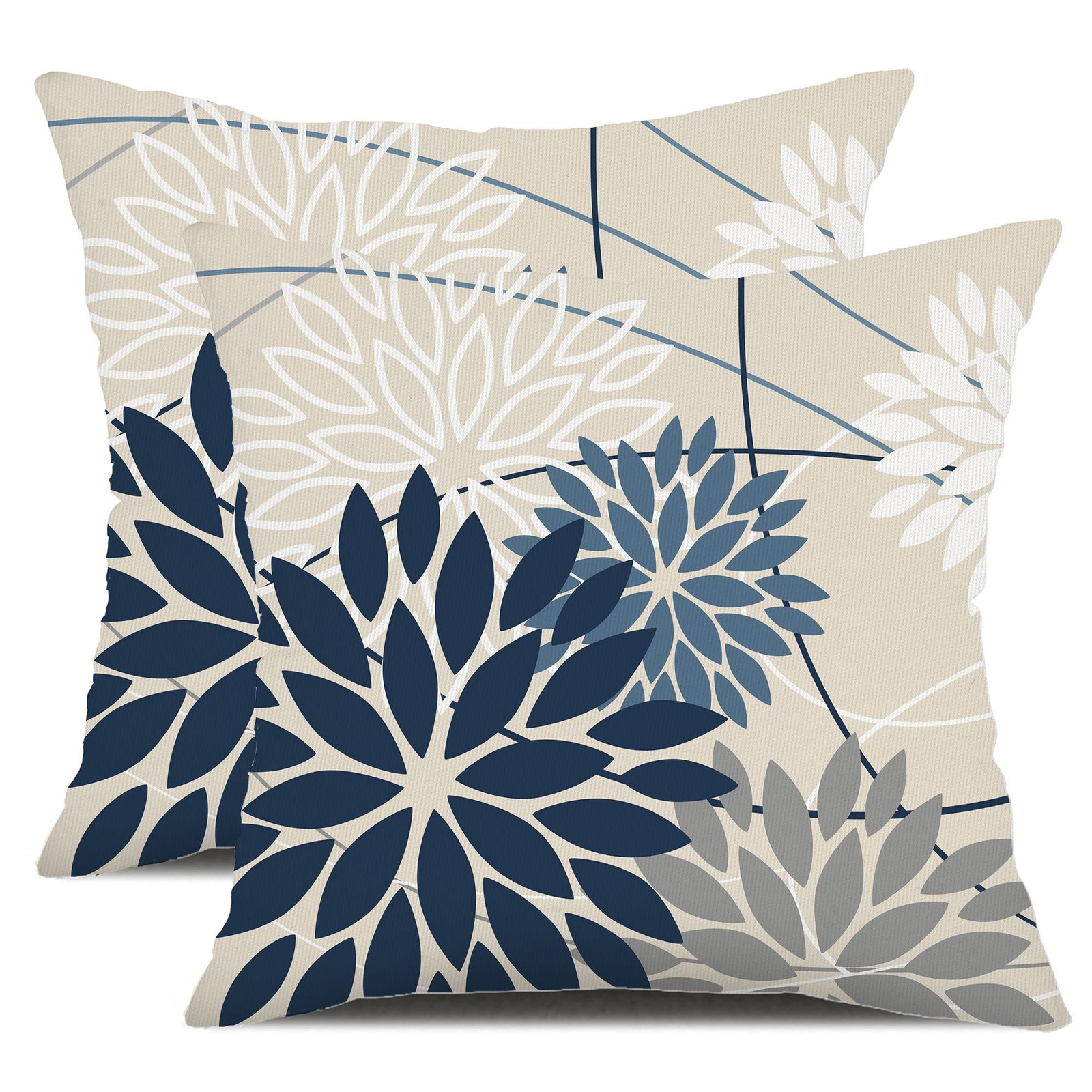 Blue and Gray Floral Pillow Covers 18x18 Set of 2 Outdoor Waterproof White Co...
