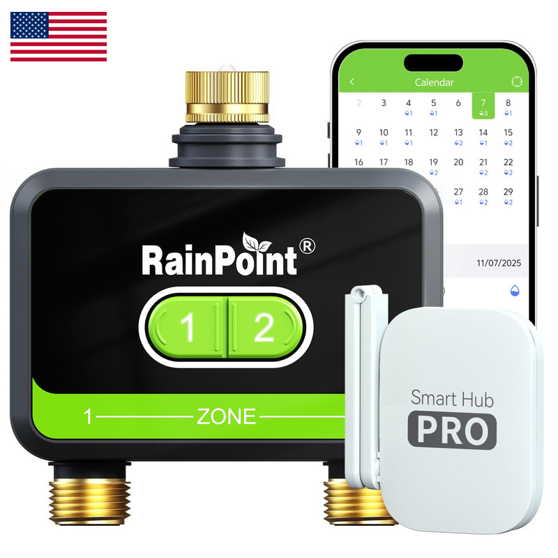 Rainpoint Wifi Water Timer For Garden Hose Brass Inlet Outlet 2-Zone Smart Hose