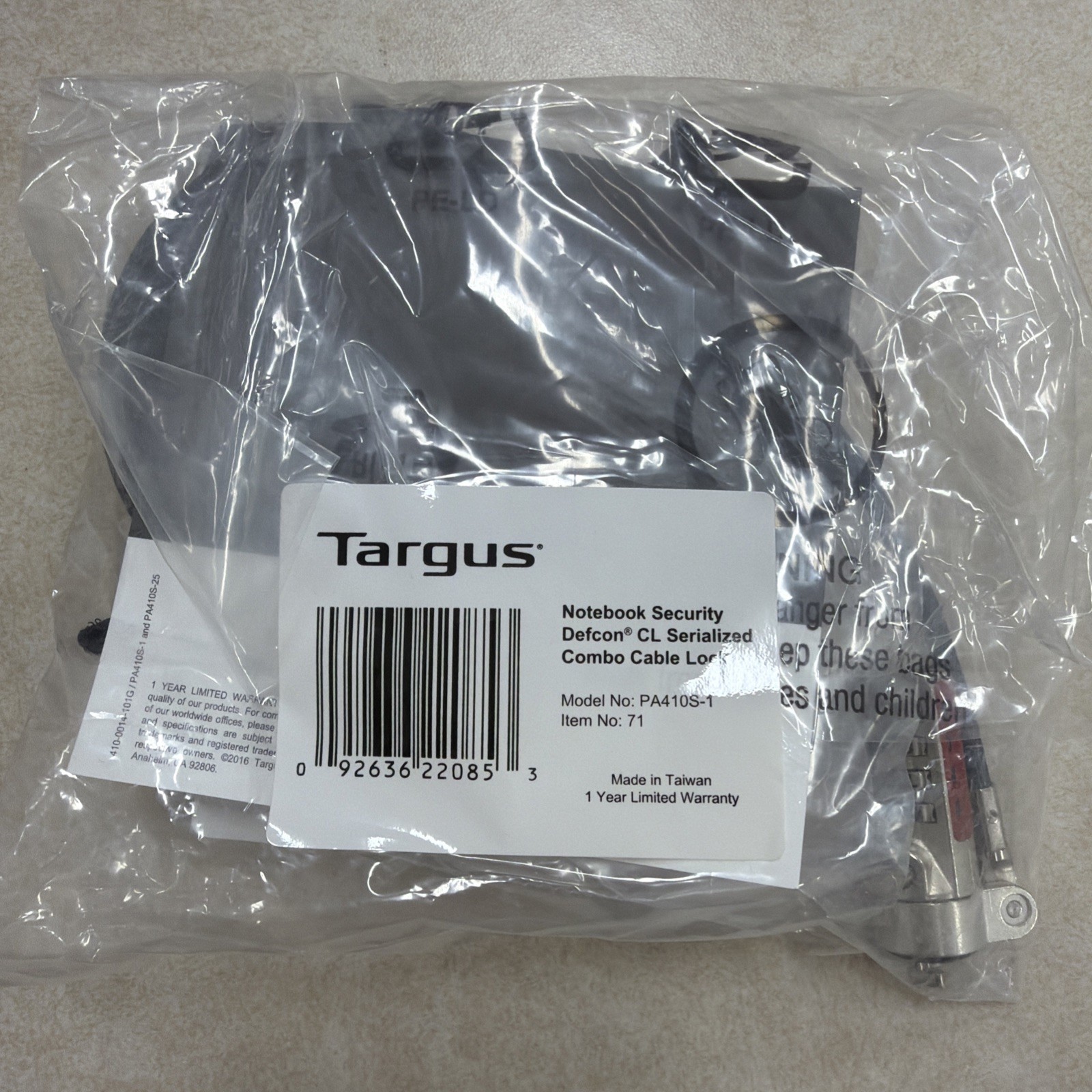 Targus Notebook Security Defcon SCL Combo Cable Lock Model PA41OS-1