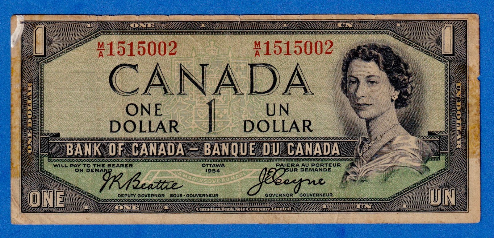CANADA $1 1954 BC-29a / P-66a QE II Circulated DEVIL'S FACE 👿 M/A 1515002