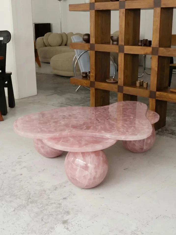 Rose Quartz Marble Coffee Table – Cloud-Shaped Pink Stone Centerpiece for Modern