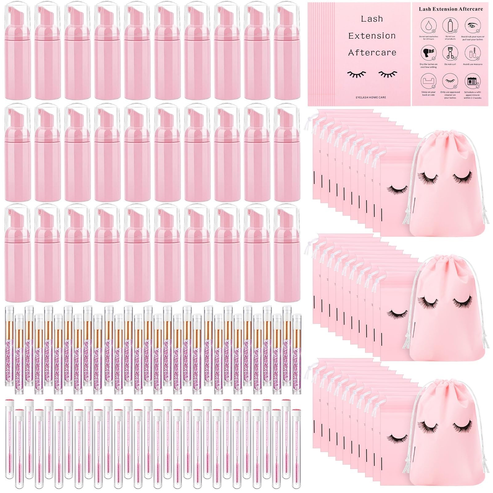 150 PCS Pink Lash Shampoo Kit 30 Dispensers 30 Brushes 30 Bags 30 Cards