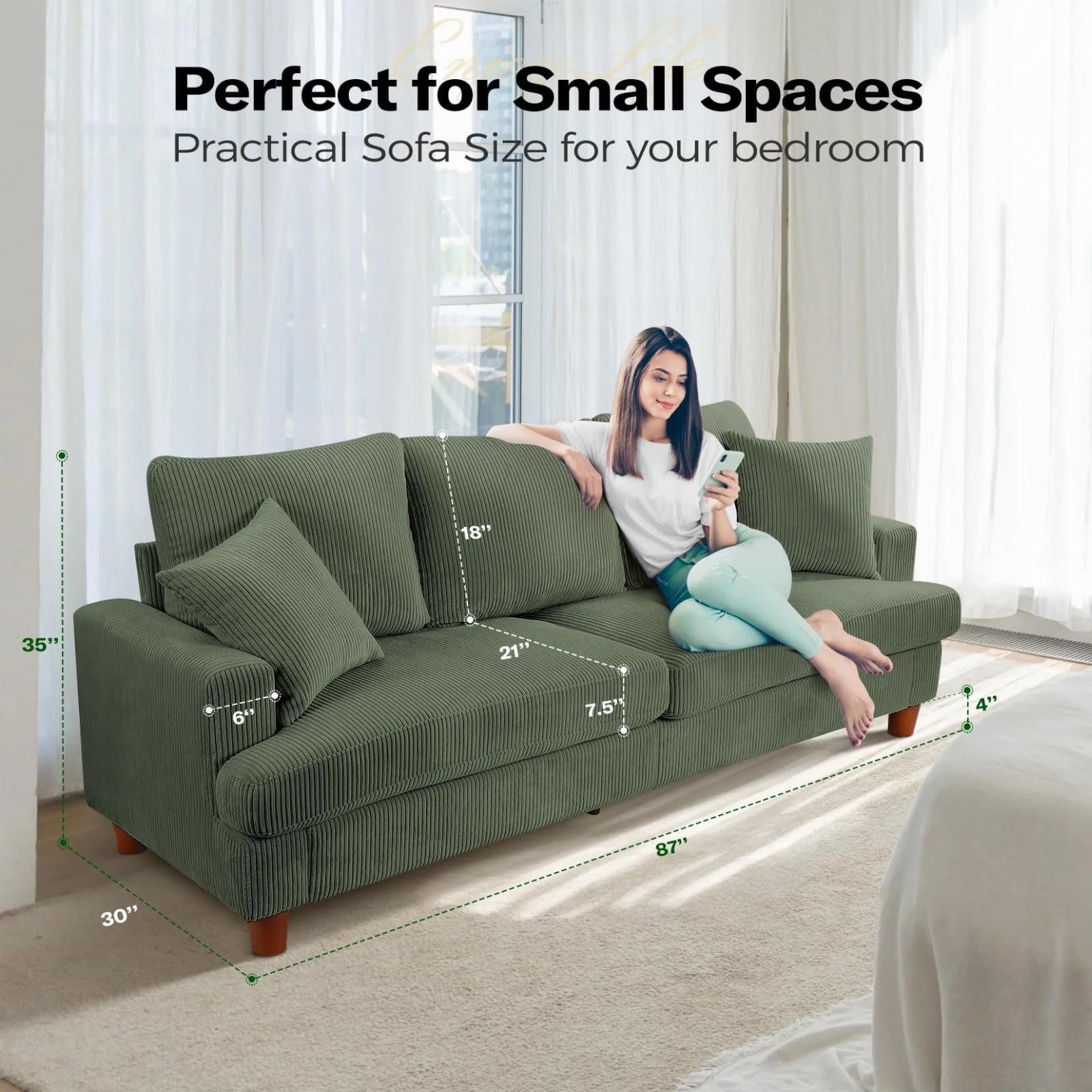 3 Seater Sofa Extra Deep Seats Corduroy Upholstered Couch For Living Room