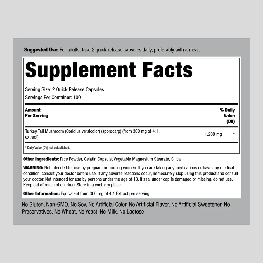 Turkey Tail Mushroom Capsules | 1200mg | 200 Count | Non-GMO | by Piping Rock