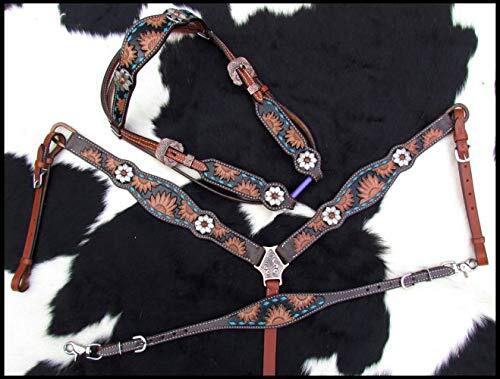 Showman Sunflower Tooled Leather Browband Headstall & Breast Collar Set w/ Reins
