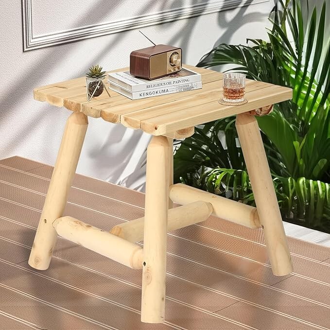 Outdoor Wooden Adirondack Log Side Table Patio End Coffe Table, Slatted Tabletop