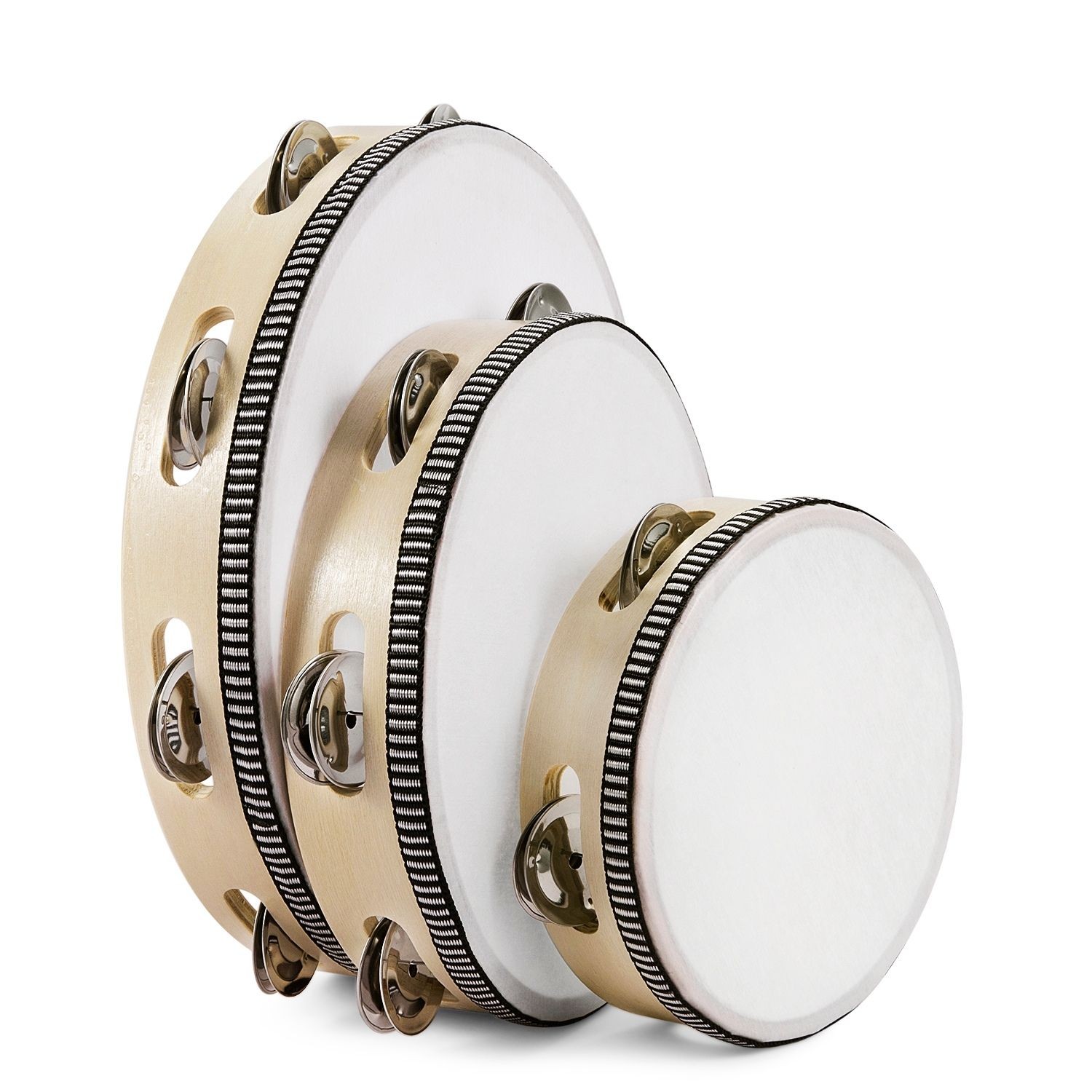 Wood Handheld Tambourine 10, 8, 6-Inch Single Row 5 Pair Jingles Wood Hand