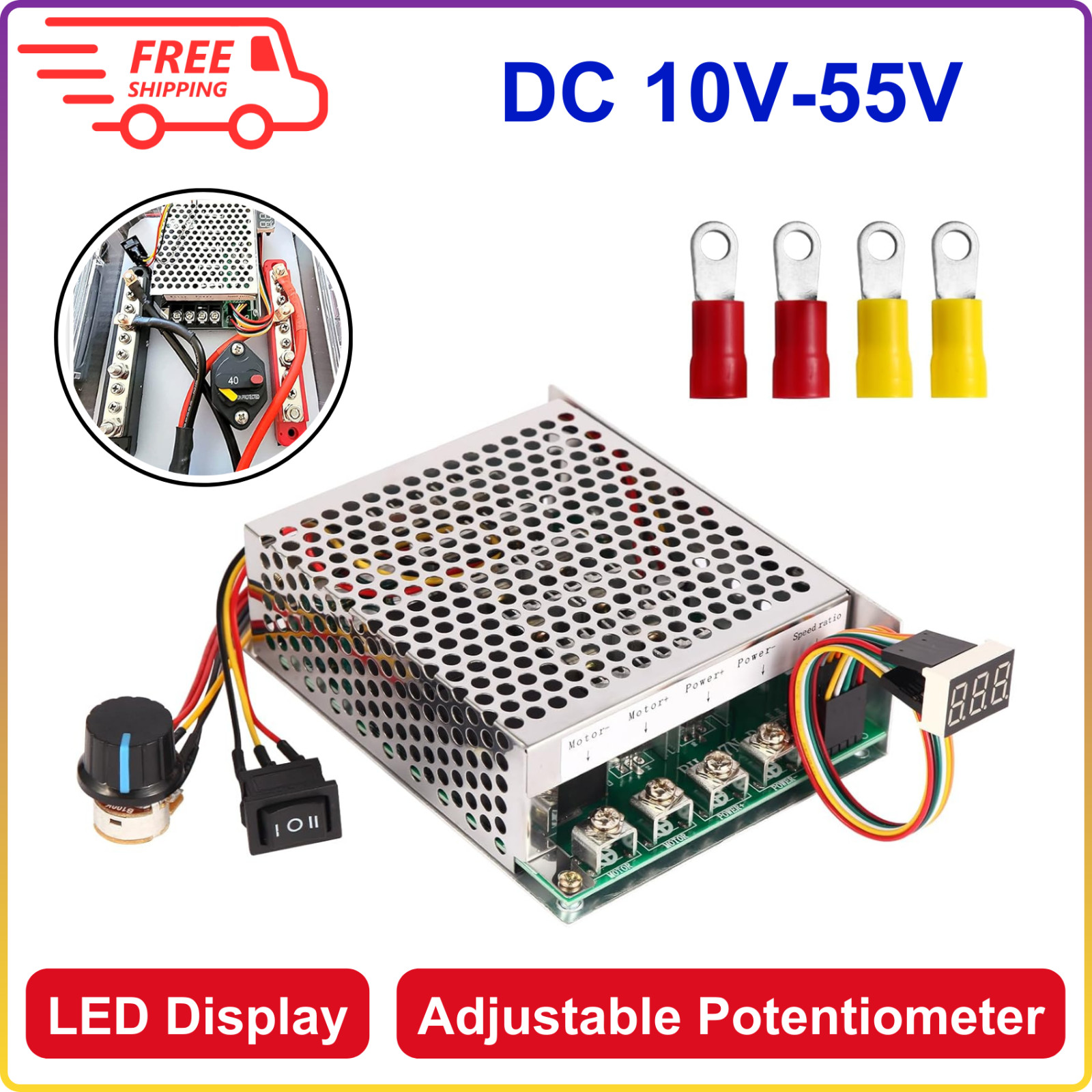 PWM DC Motor Speed Controller 10V-55V 60A, LED Display, Forward-Reverse Switch