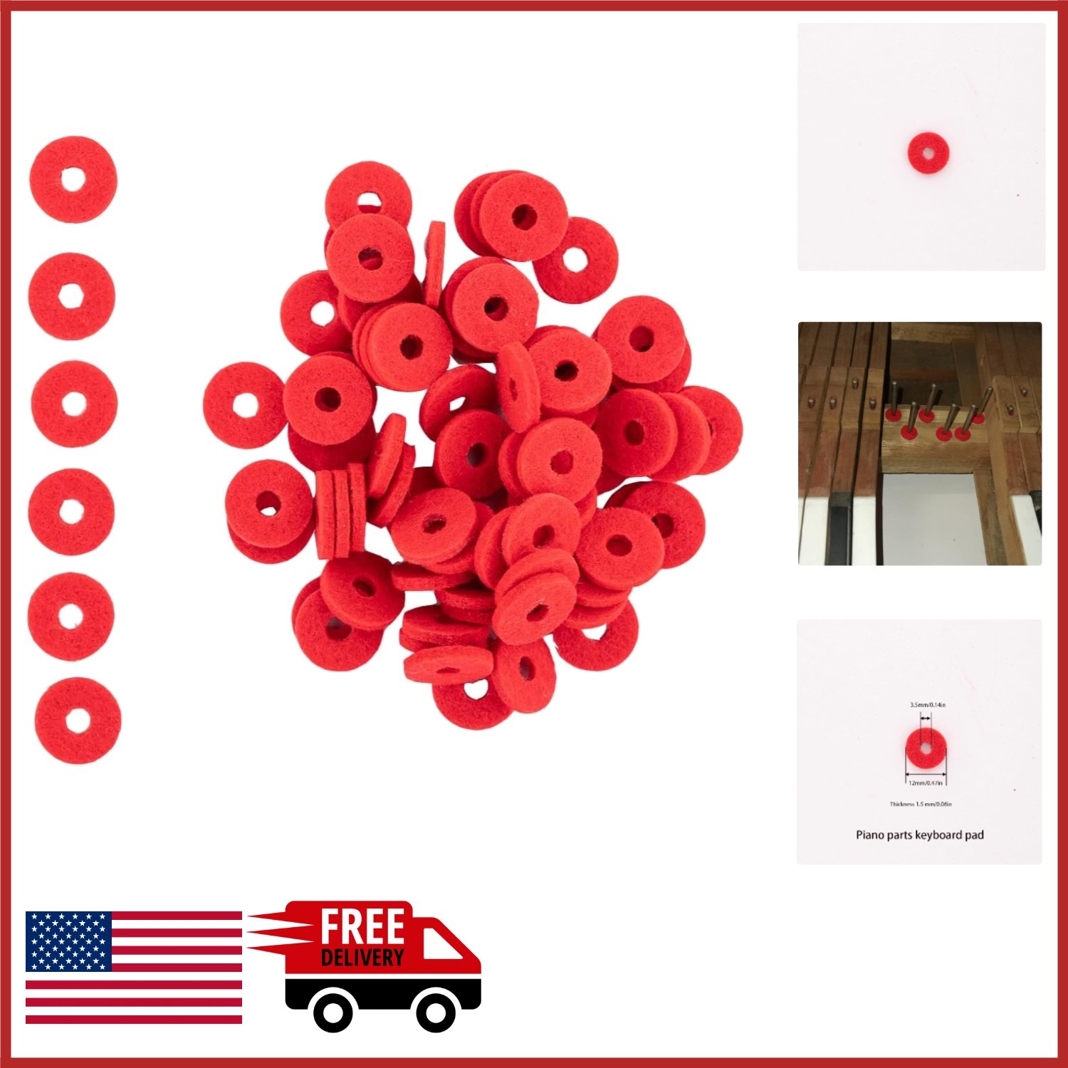Piano Key Felt Pads Red Washers for Upright Grand Piano Maintenance
