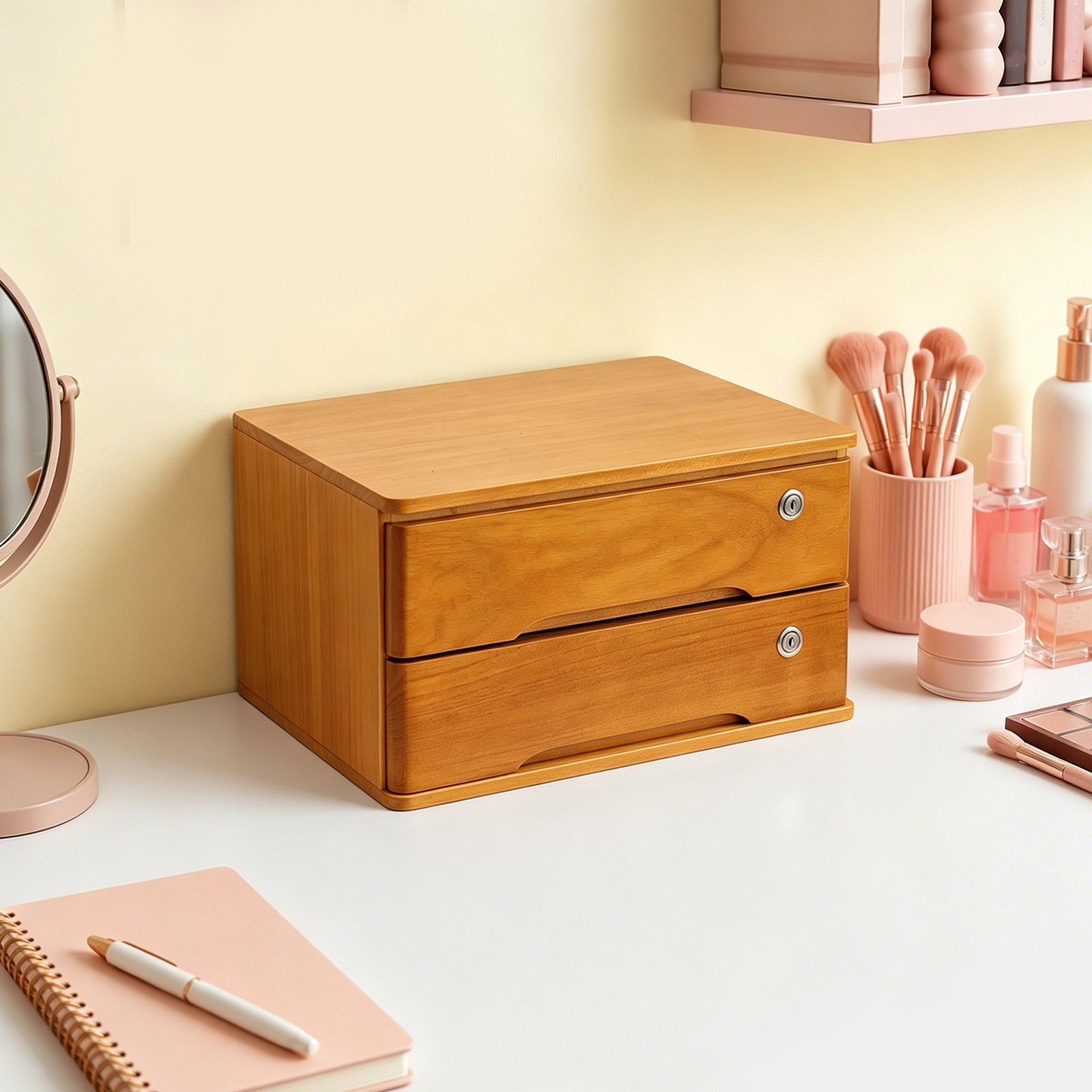 Retro Wooden Desktop Storage Box 2-Tier Desk Organizer w/ Lockable Drawers