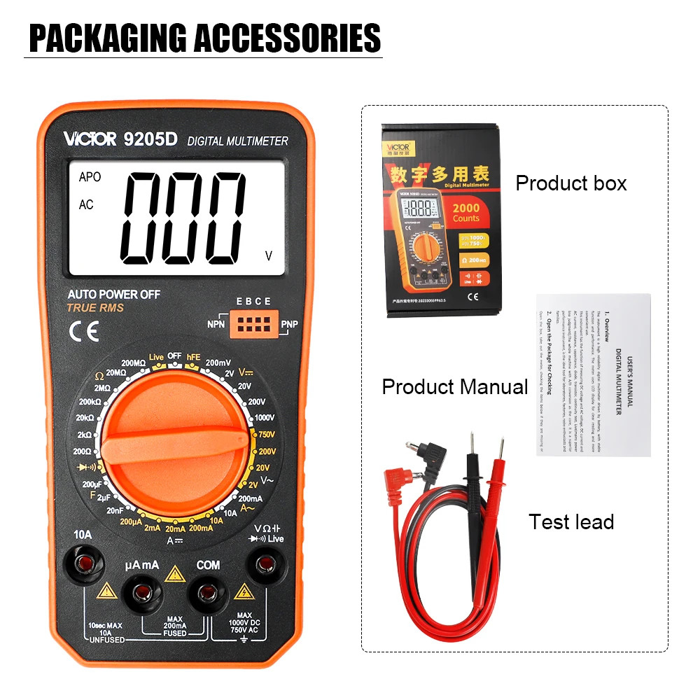 Digital Multimeter Auto 1999 Counts True RMS AC/DC 1000V Diode Continuity Freq