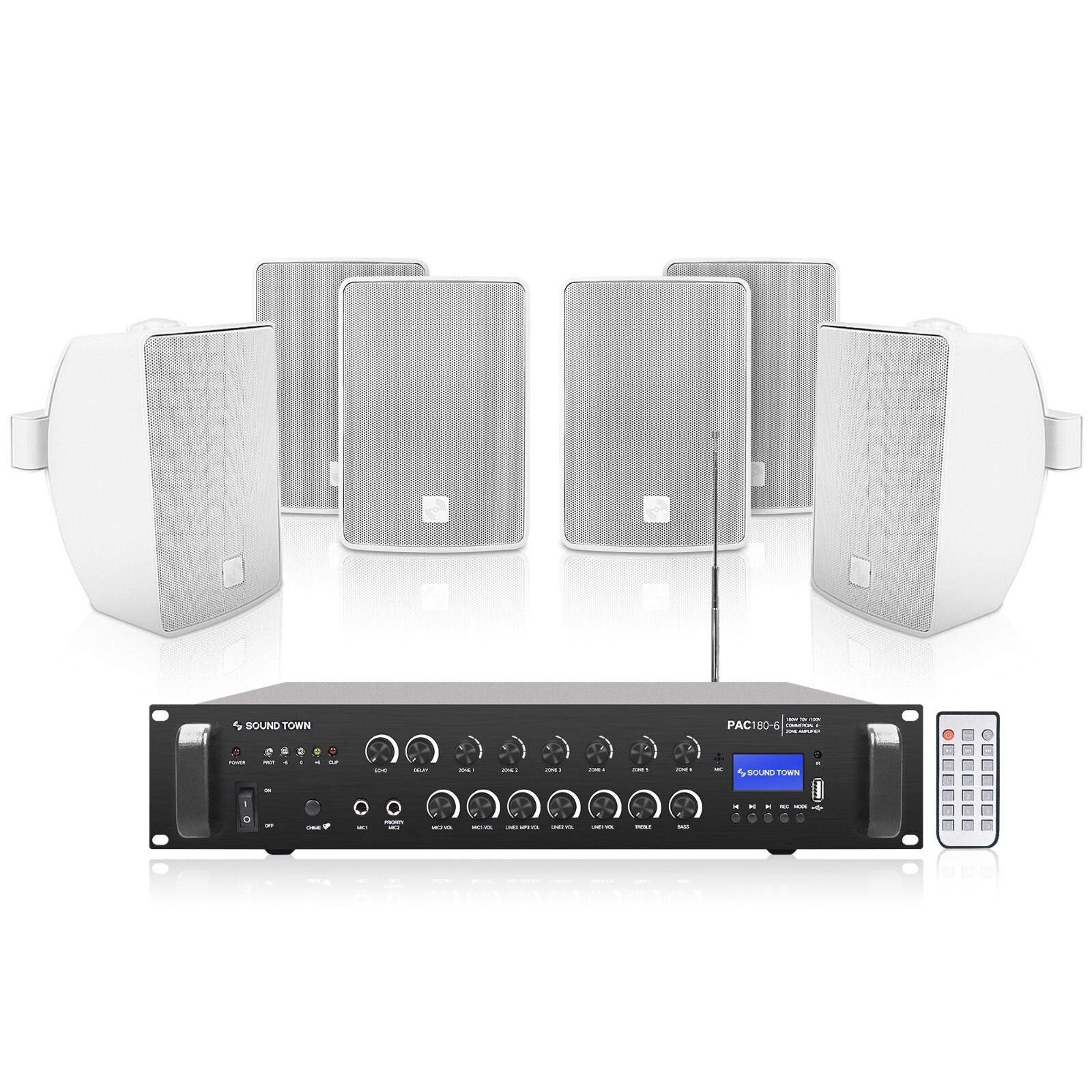 Sound Town 6-Zone 70V/100V Amp, 6 x Surface-Mount Speakers, White(PAC180X6TV4W)