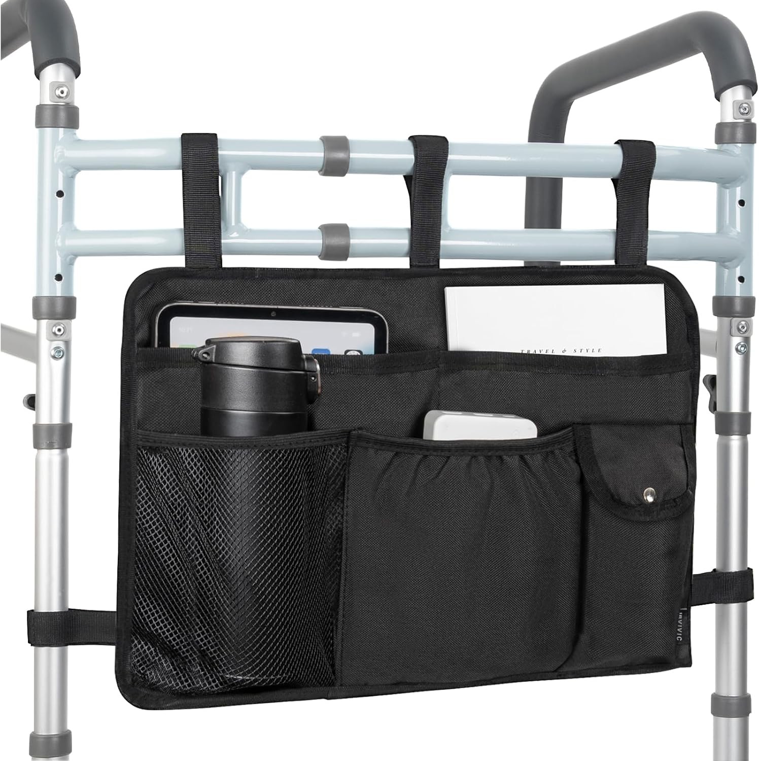 Walker Bag Multiple Pockets Basket for Folding with Cup Black