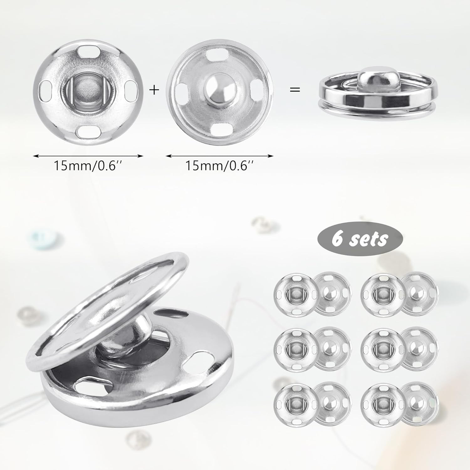 6 Sets Sew on Snap Buttons, Rustproof Metal Snap Buttons Fasteners Press Stud...