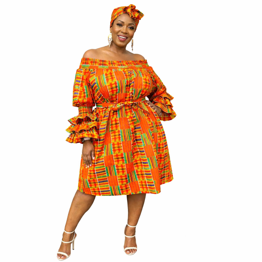 African Kente Print Off Shoulder Dress Flare Sleeve Mini Dress With Headwrap