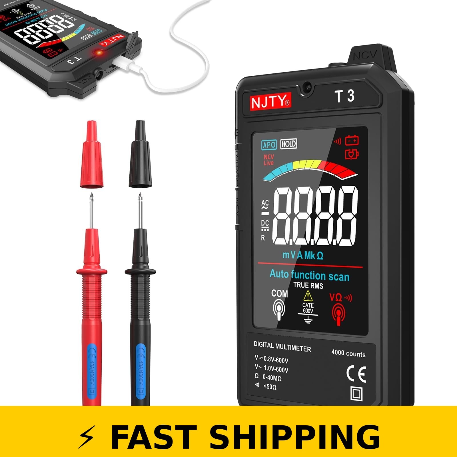 NJTY T3 Smart Digital Multimeter - Rechargeable Color LCD Volt Tester
